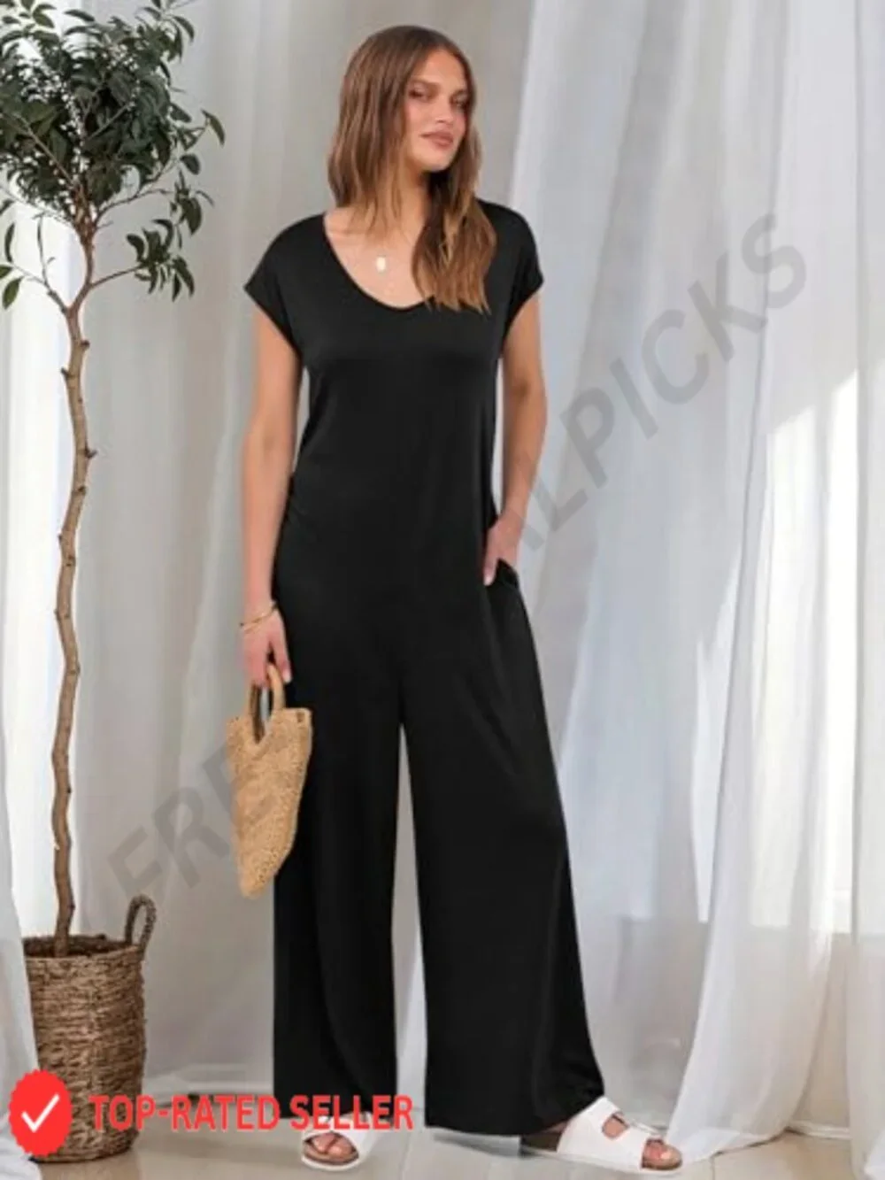 Loose Cap Sleeve Wide Leg Jumpsuit Romper Summer Casual Rayon Blend